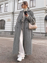 Aurohaya Plaid Wool Coat Long Double Breasted Belted Houndstooth Overcoat Women Elegant Casual